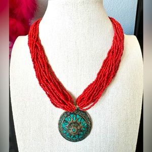Artisan Nepal Multi-strand Seed Bead Necklace with Brass Mosaic Pendant